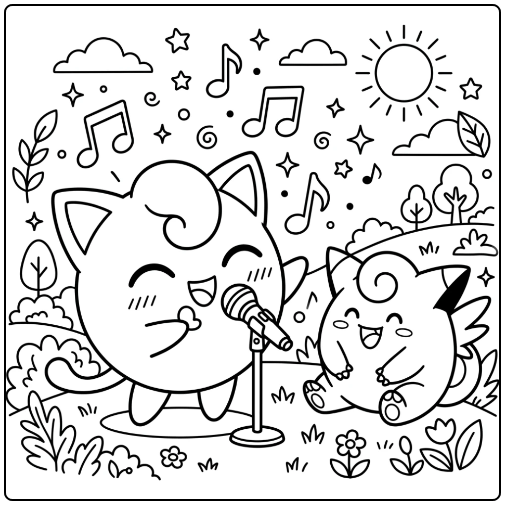 Pokemon Cute Singing Jigglypuff and Clefairy coloring page