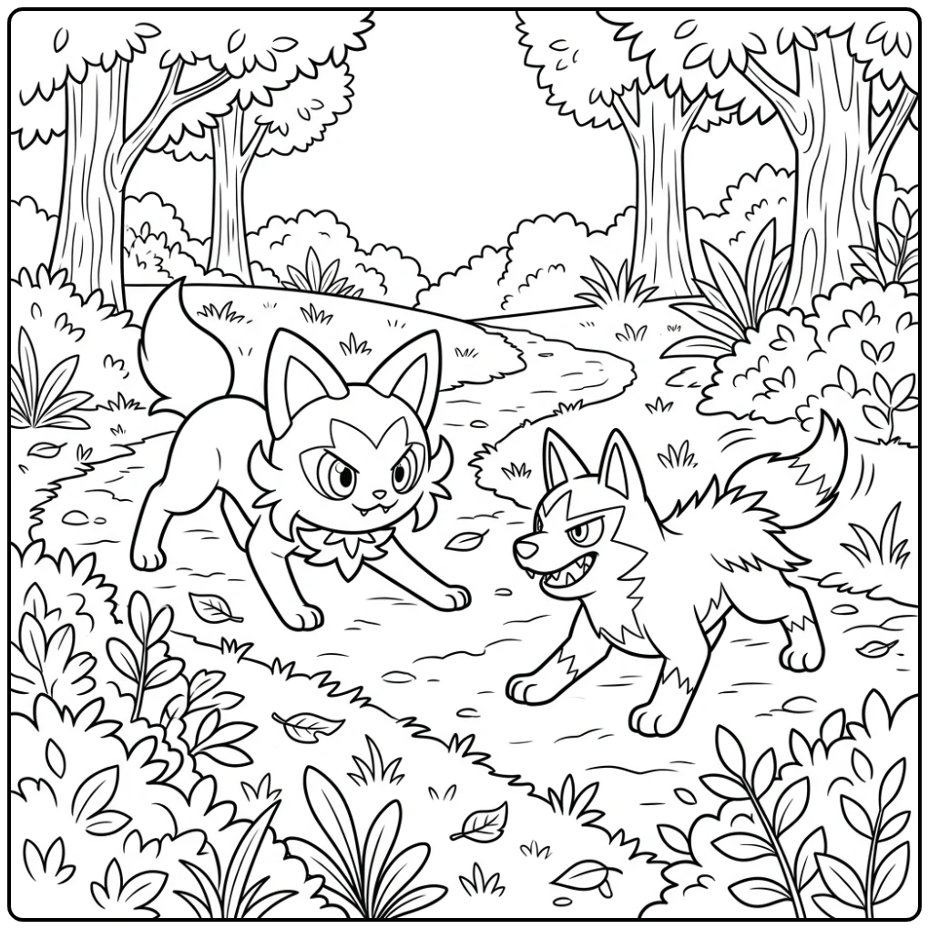 Pokemon Sprigatito Versus Poochyena with Forest Path coloring page