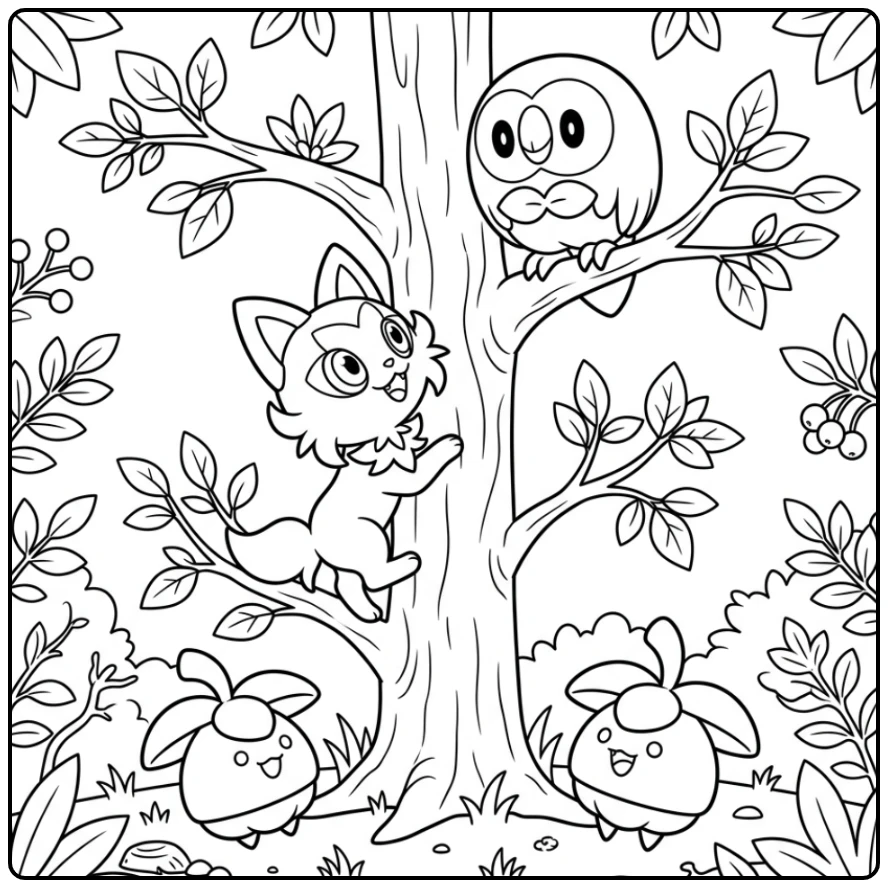 Pokemon Sprigatito Natural Scene with Friends coloring page