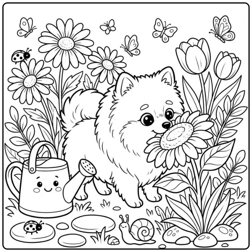 Pomeranian with Flowers and a Watering Can coloring page