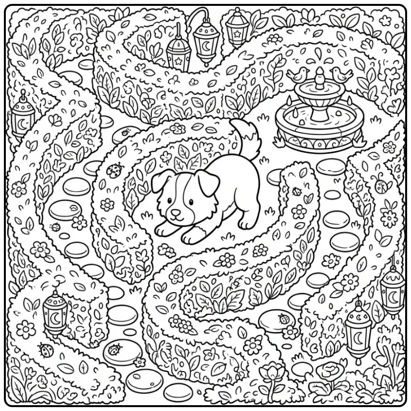 Detailed Border Collie Puppy in a Maze coloring page