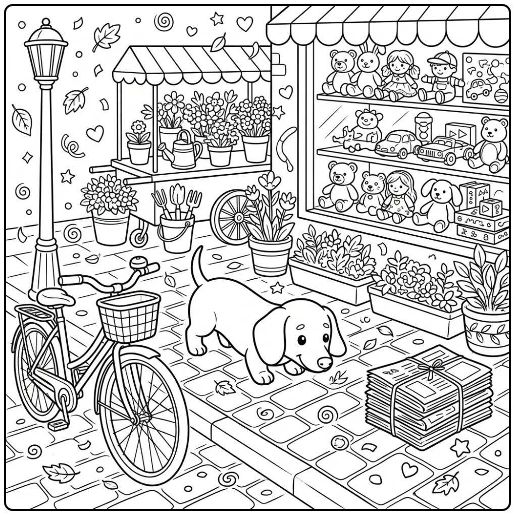 Detailed Dachshund Puppy with a Flower Stand coloring page
