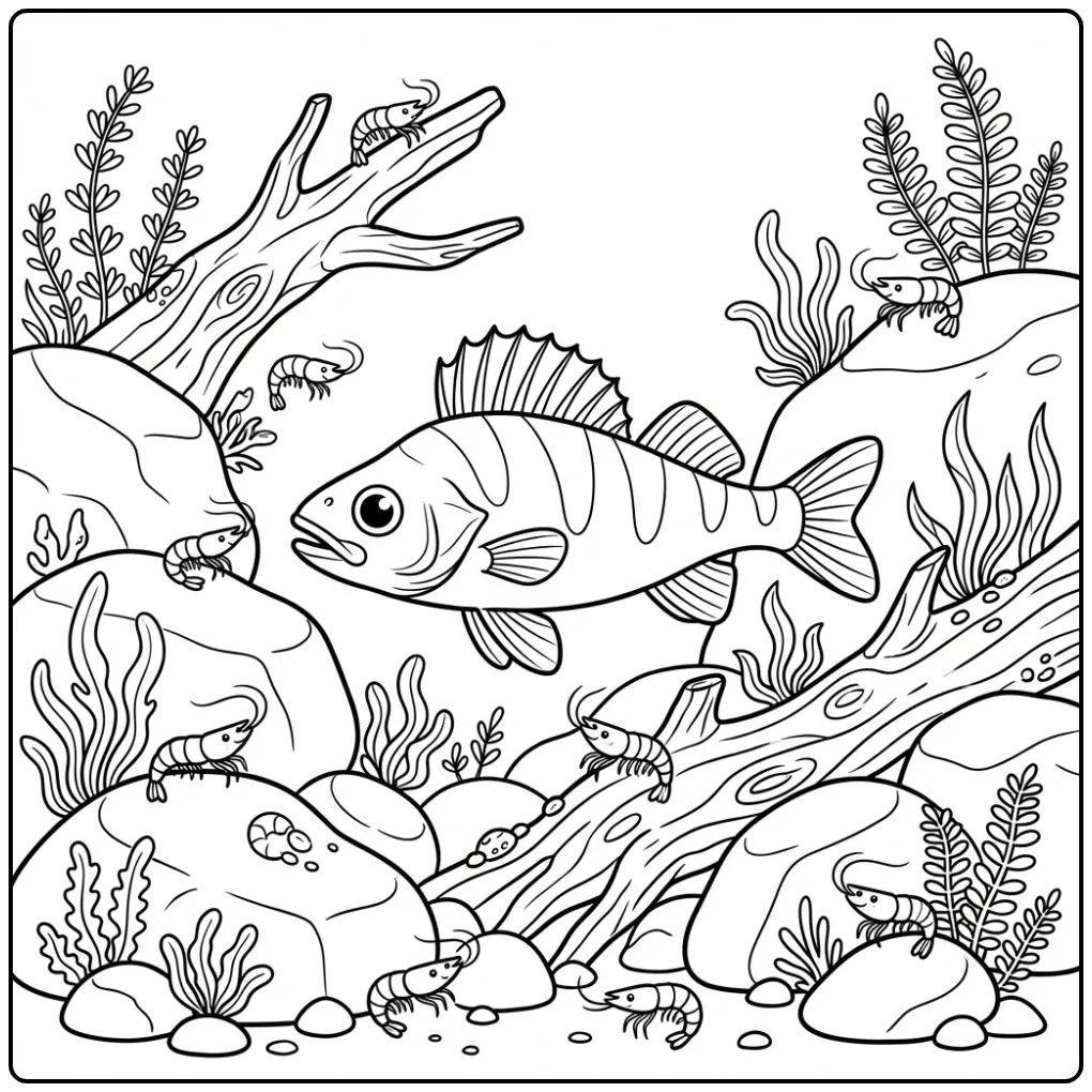 Zander Underwater with Rocks and Plants coloring page