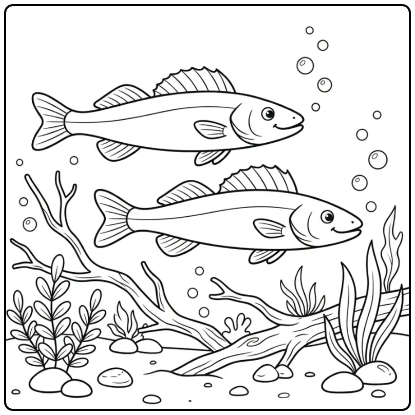 Two Zander Fish in a Lake coloring page