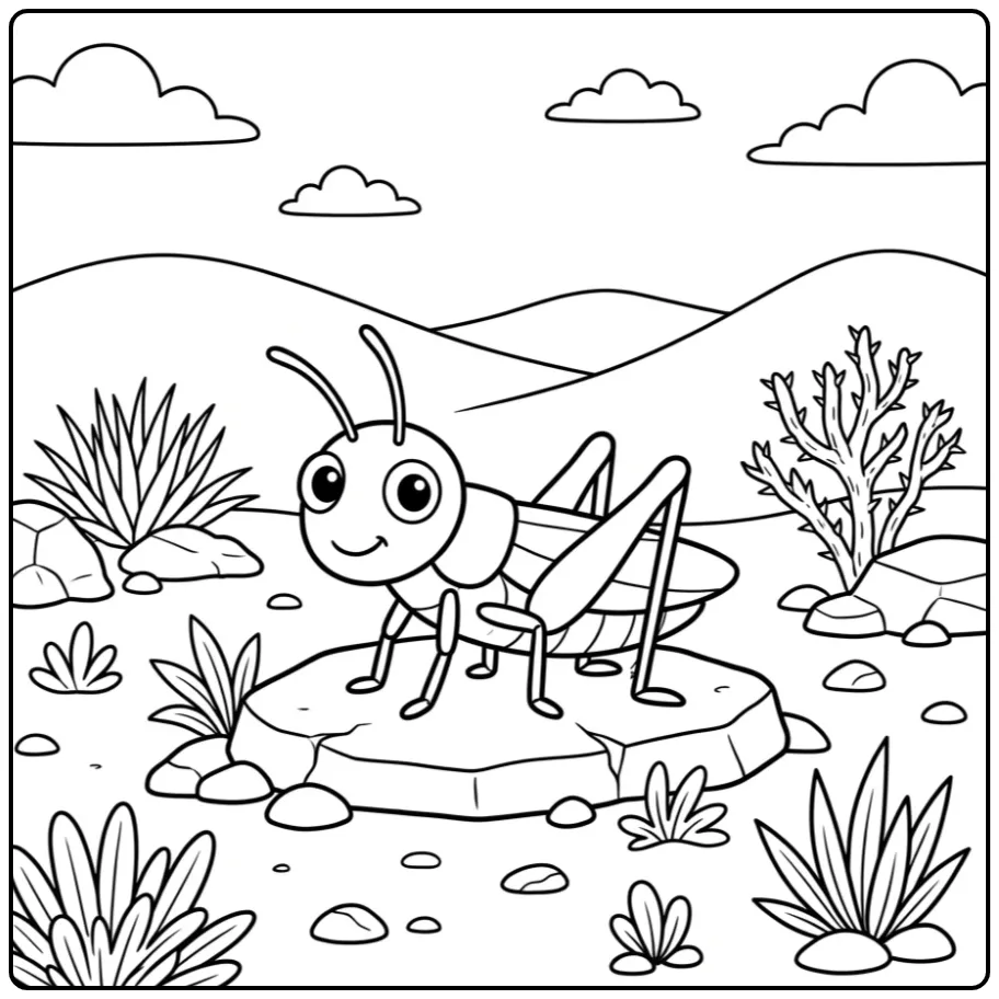Grasshopper coloring page featuring a grasshopper on a flat rock