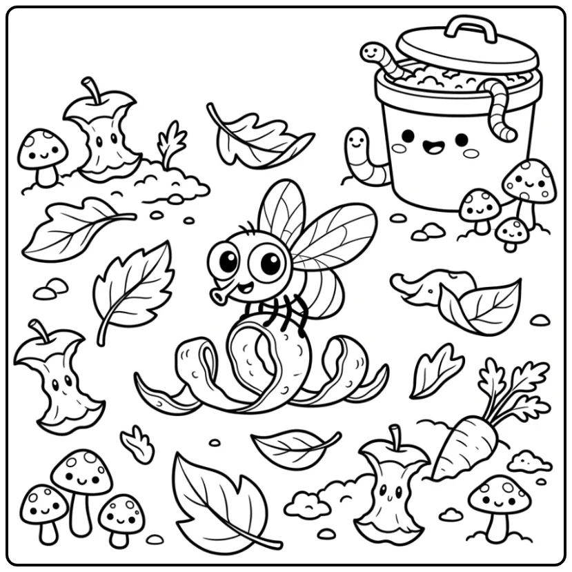 Fly coloring page showing a fly at a compost pile in the garden