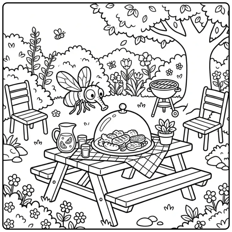 Fly coloring page showing a fly at a backyard barbecue