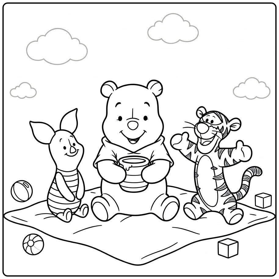 Winnie the Pooh Baby in Cute Nursery with Toys coloring page