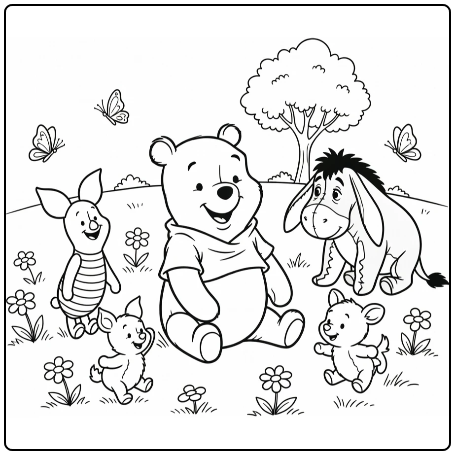 Winnie the Pooh Baby Cheerful Playing Outside with Flowers coloring page