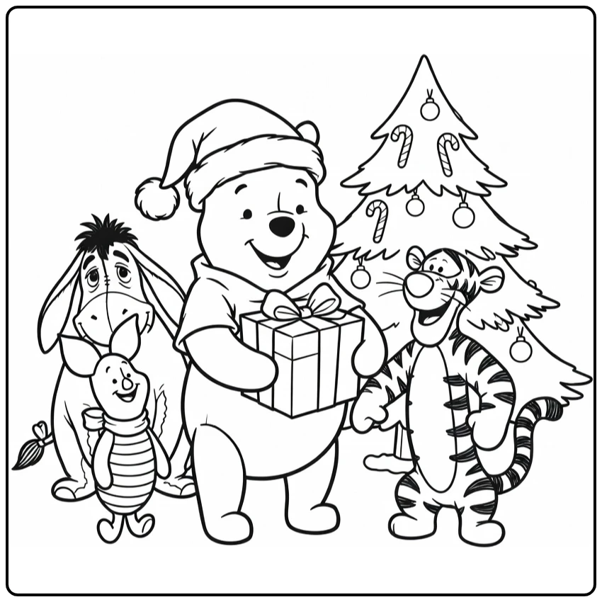 Winnie the Pooh Christmas with Piglet, Tigger, and Eeyore coloring page