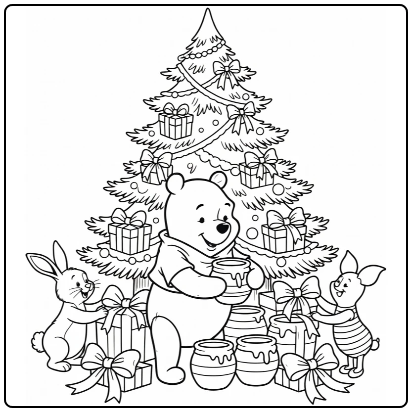 Winnie the Pooh Rabbit and Piglet with Christmas Tree coloring page