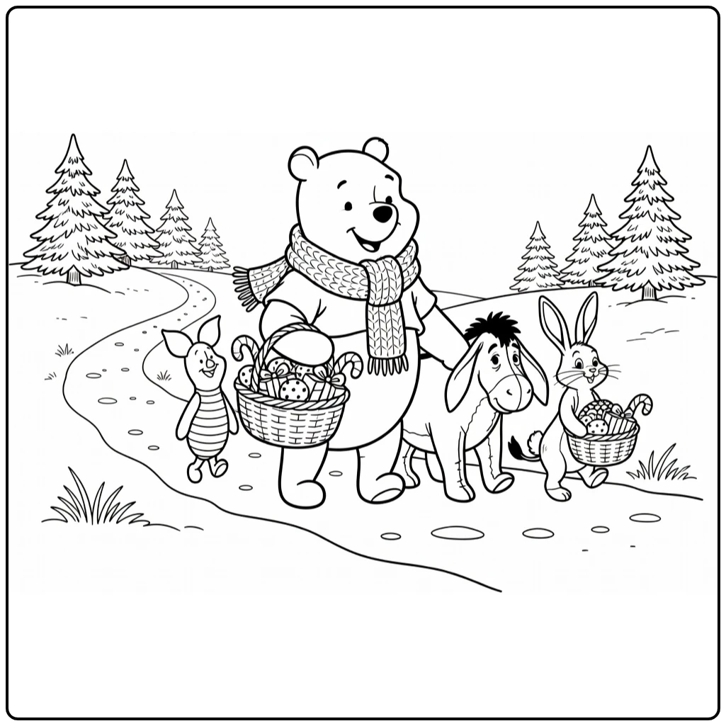 Winnie the Pooh Christmas with Piglet Eeyore Rabbit on Snow-covered Forest Path coloring page