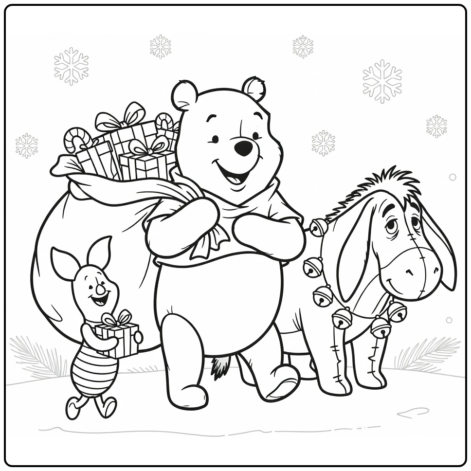 Winnie the Pooh Christmas coloring page with a cozy holiday scene