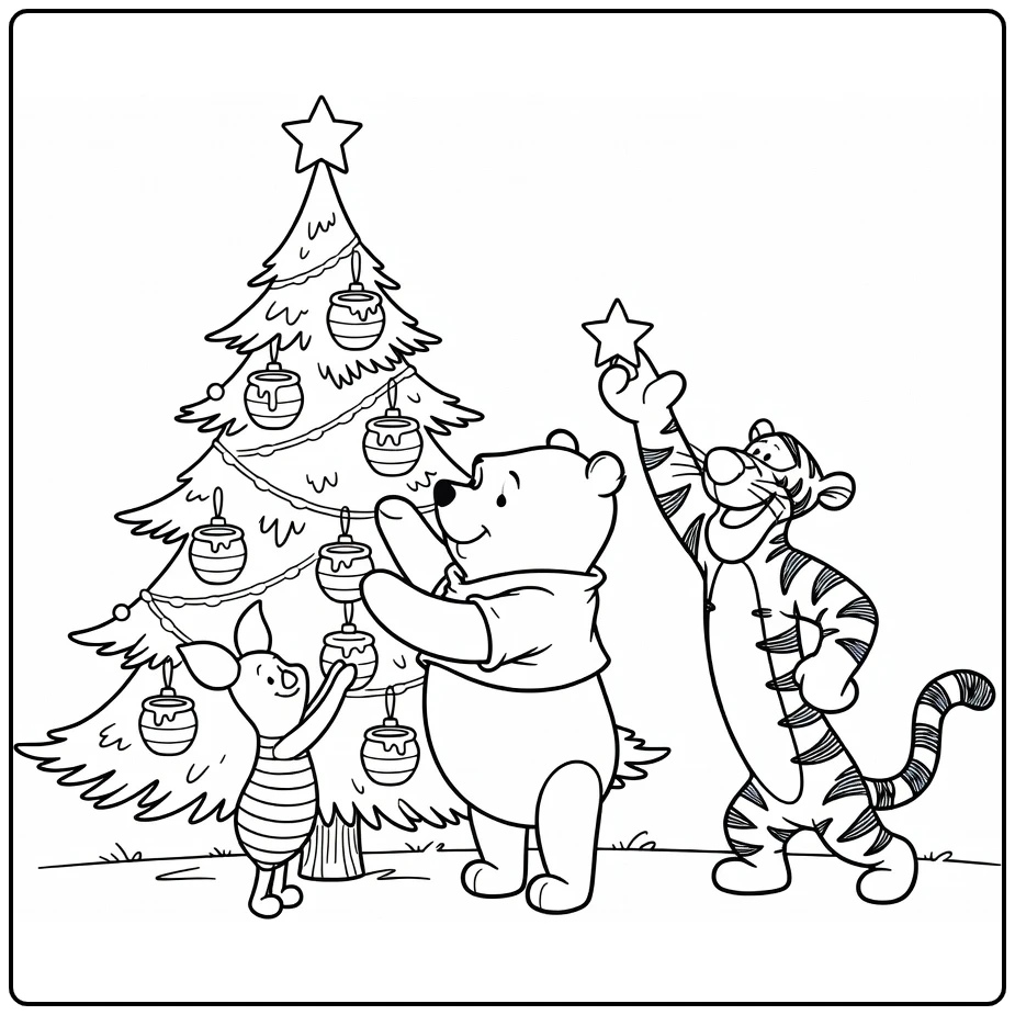 Winnie the Pooh Christmas Piglet and Tigger with Tree coloring page