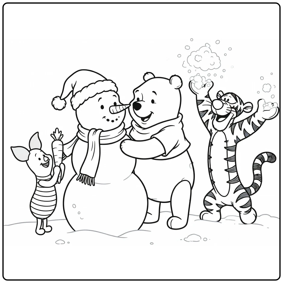 Winnie the Pooh Christmas with Piglet and Tigger Snow Fun coloring page