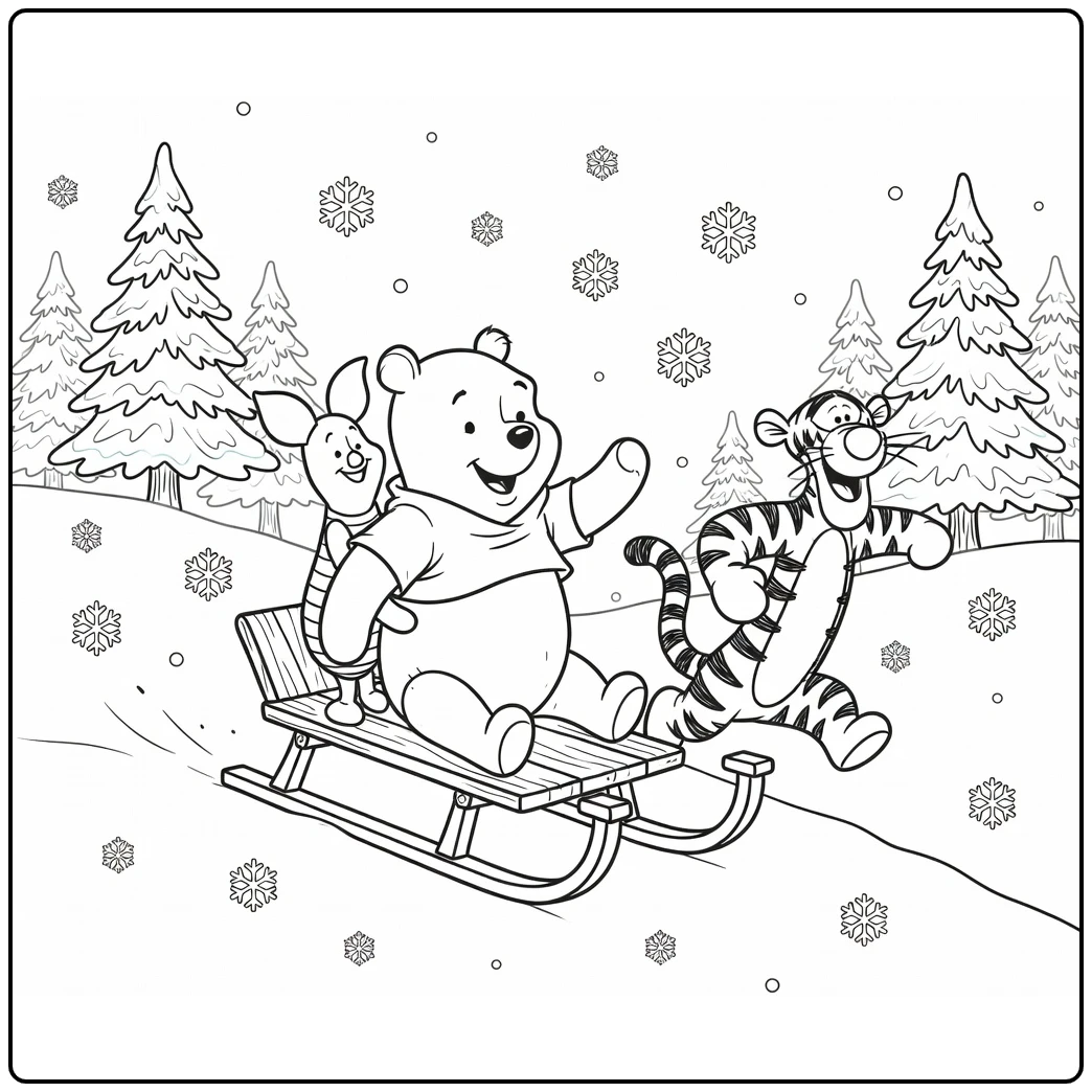 Winnie the Pooh Christmas on Hill with Piglet and Tigger Festive coloring page