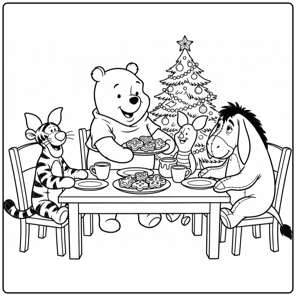 Winnie the Pooh Christmas Sharing Cookies Honey at Table coloring page