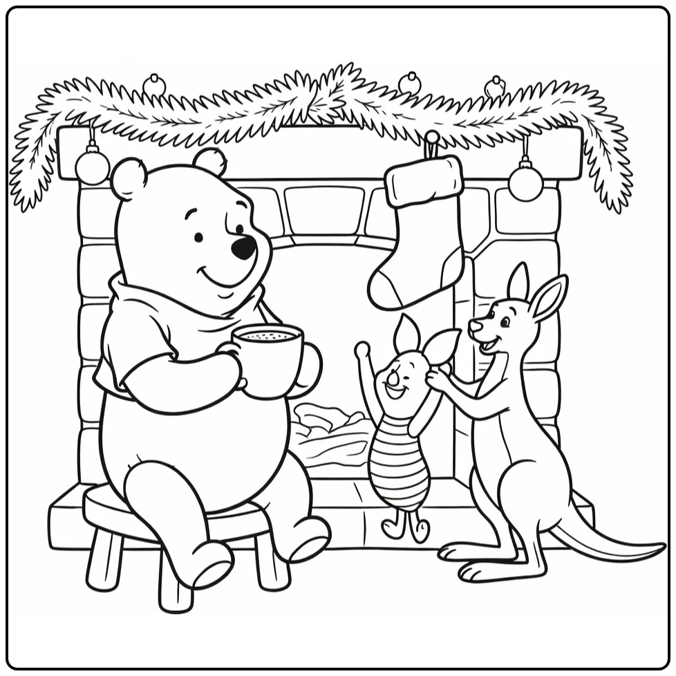Winnie the Pooh Christmas with Hot Chocolate and Friends Hanging Stockings coloring page