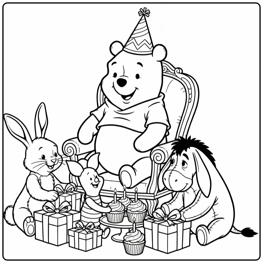 Winnie the Pooh Birthday Party with Gifts Cupcakes coloring page