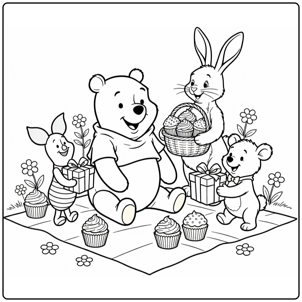 Winnie the Pooh Birthday Party with Cupcakes and Flowers coloring page