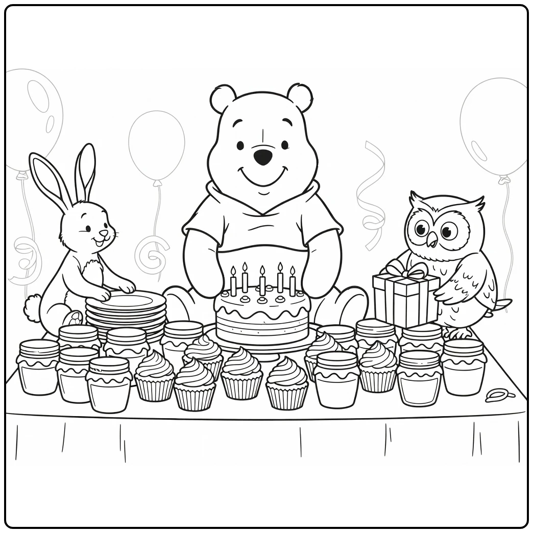 Winnie the Pooh Birthday Party with Rabbit Owl coloring page