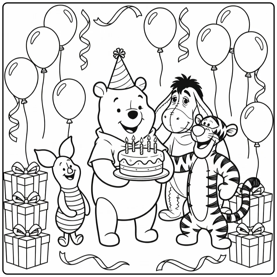 Winnie the Pooh Birthday Party with Piglet Tigger Eeyore coloring page