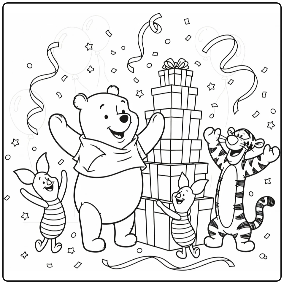 Winnie the Pooh Birthday with Piglet Roo Tigger coloring page