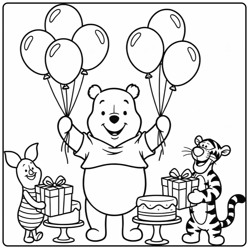 Winnie the Pooh Birthday Laughing with Gifts Cake coloring page