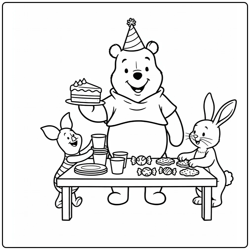 Winnie the Pooh Birthday with Cake and Friends coloring page