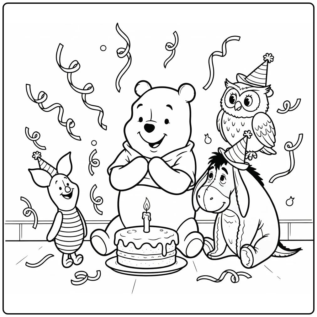 Winnie the Pooh birthday coloring page with a party scene