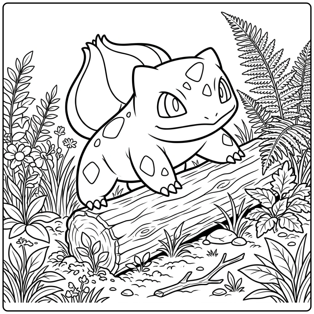 Climbing Bulbasaur with Ferns and Grass coloring page