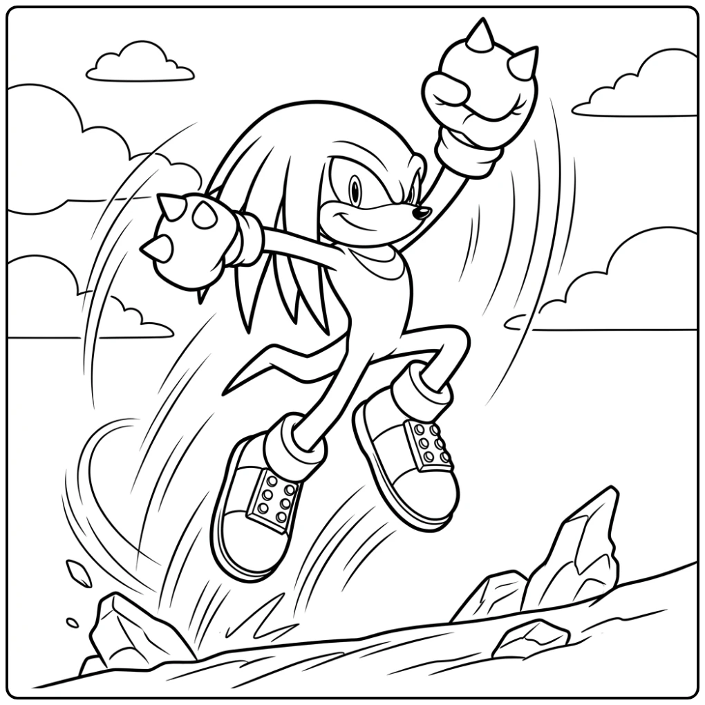 Knuckles Tall Jump with Energetic Pose coloring page