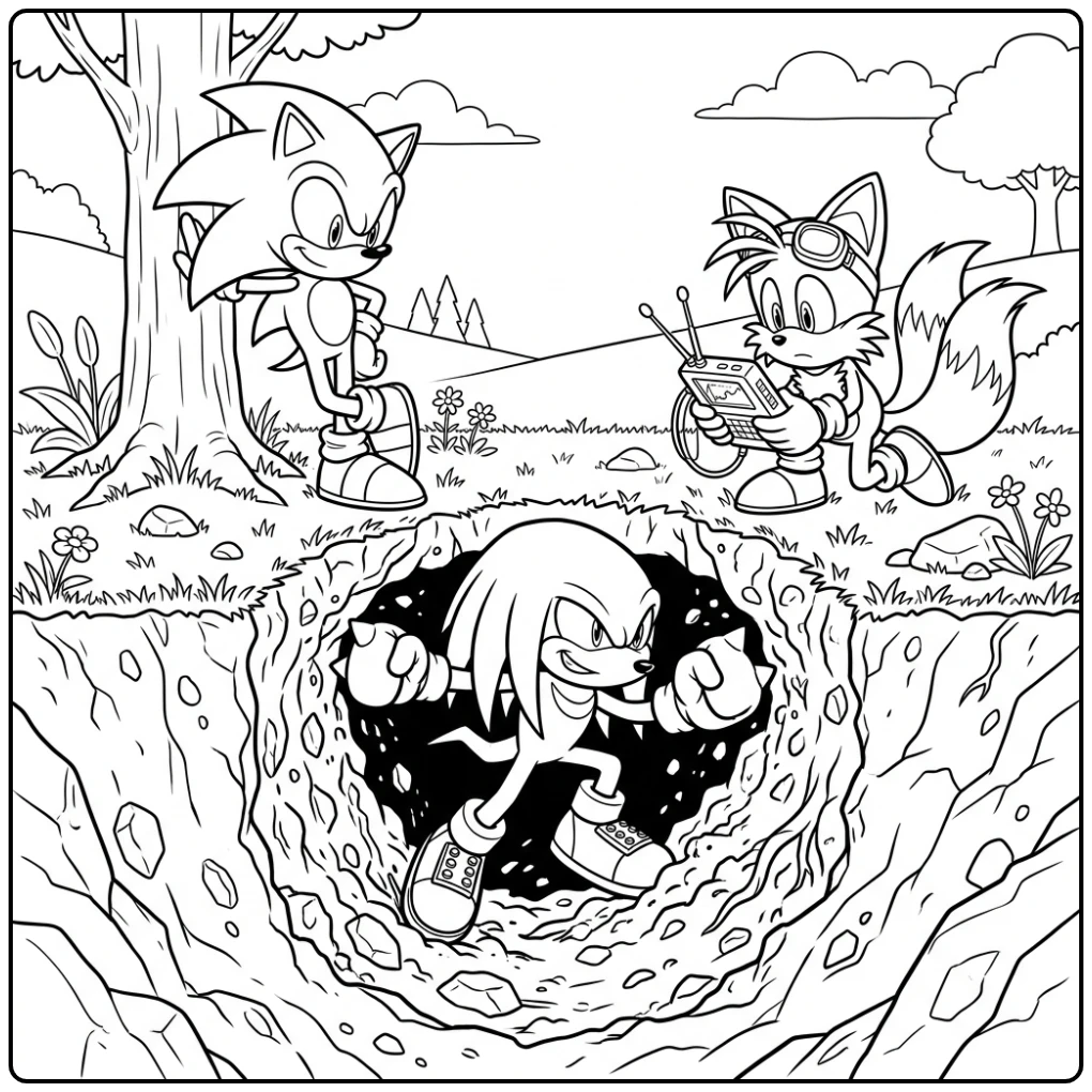 Knuckles Emerging with Sonic and Tails coloring page