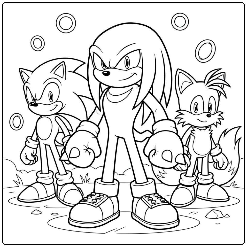 Knuckles Leading Sonic and Tails with Proudly coloring page