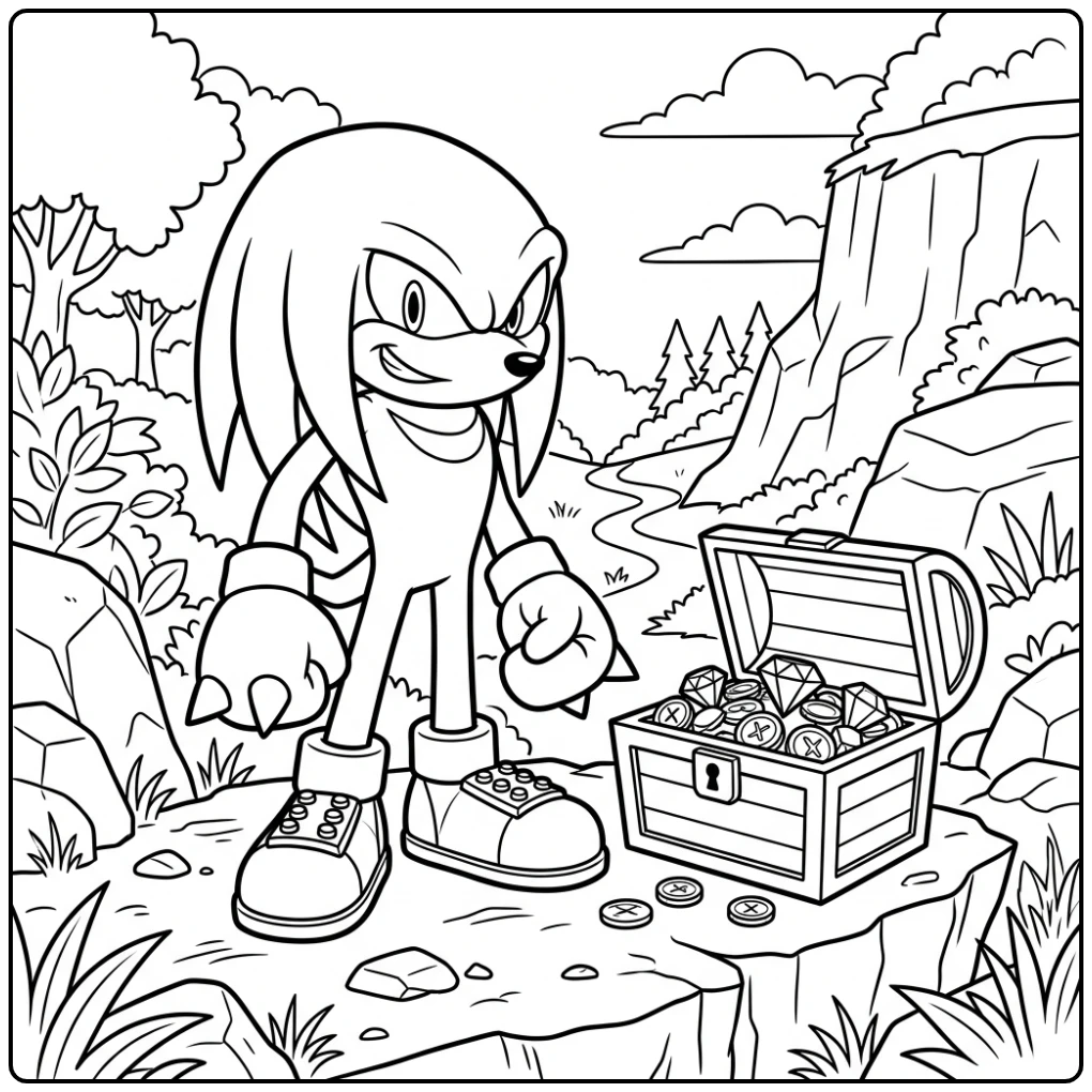 Knuckles Finding a Treasure Chest Full of Treasures coloring page