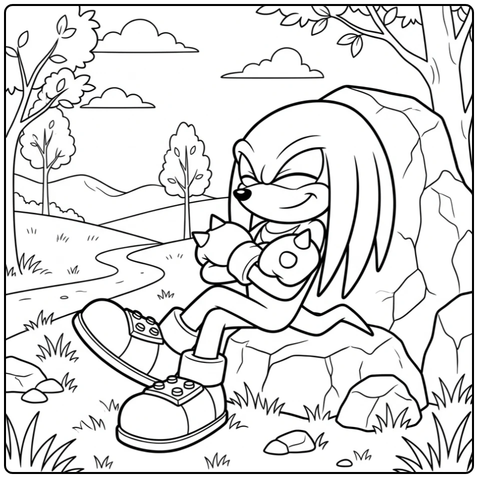 Knuckles Tough Echidna Relaxing Against Rock coloring page