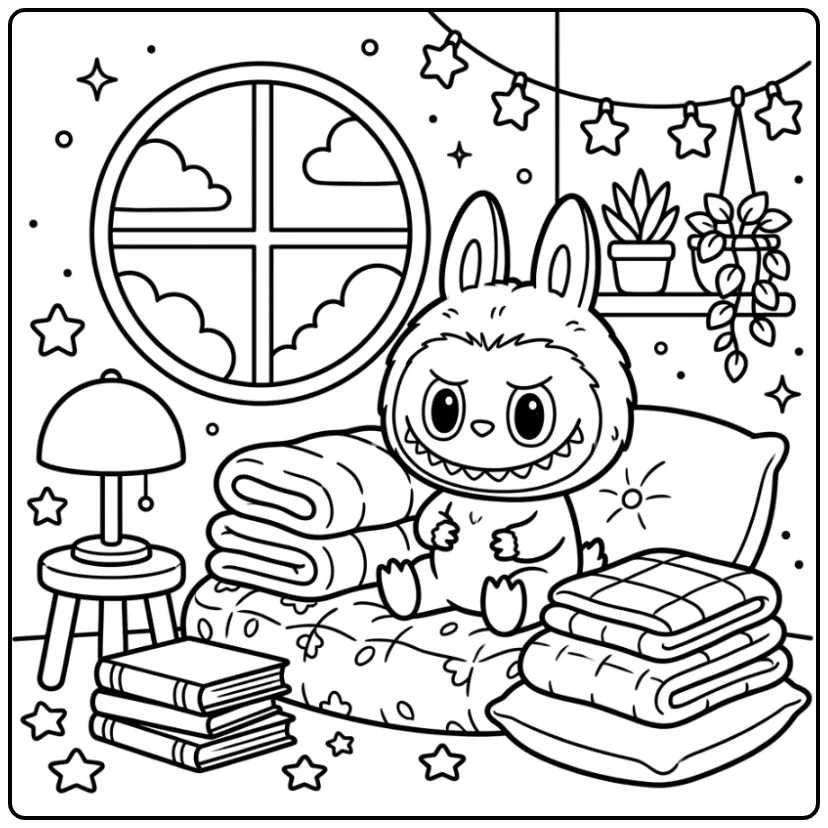 Cozy Labubu Pop with Books and Little Stars coloring page