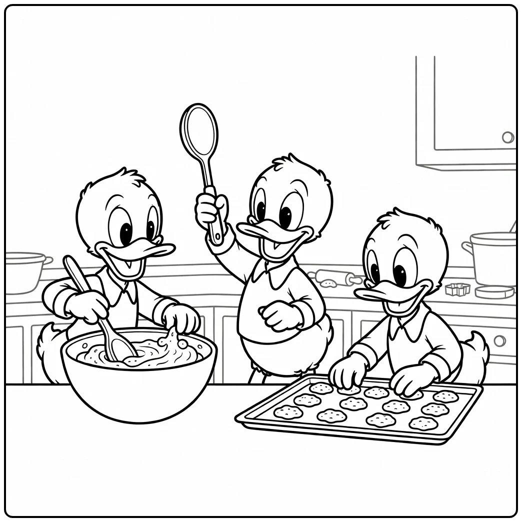 Huey, Dewey, and Louie Baking Cookies Together coloring page
