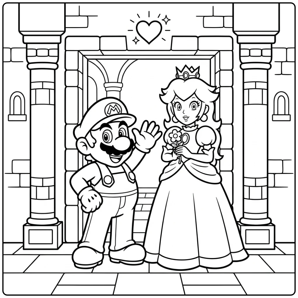 Royal Mario Peach and Heart with Castle coloring page