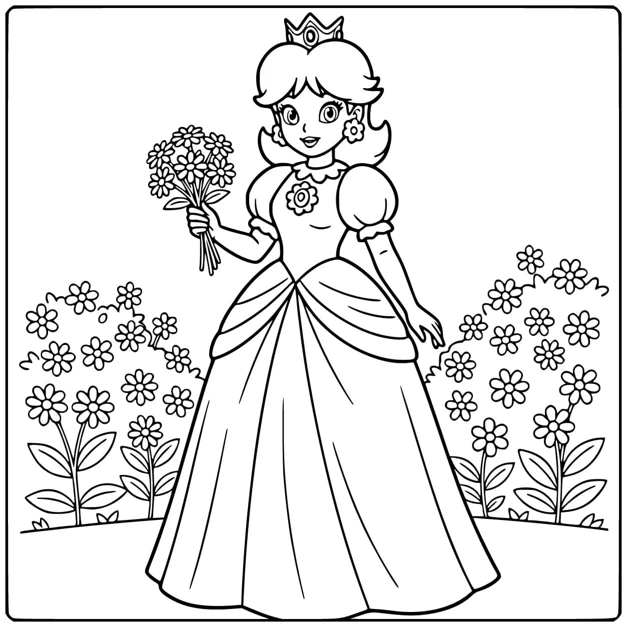 Royal Princess Peach Full of Beautiful Flowers coloring page