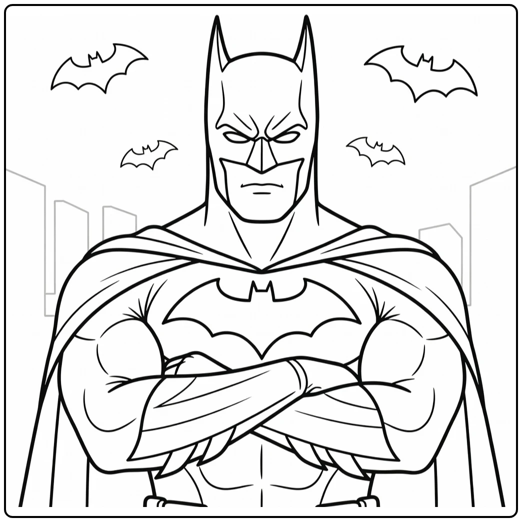 Powerful Batman in Portrait with Bat Symbols coloring page