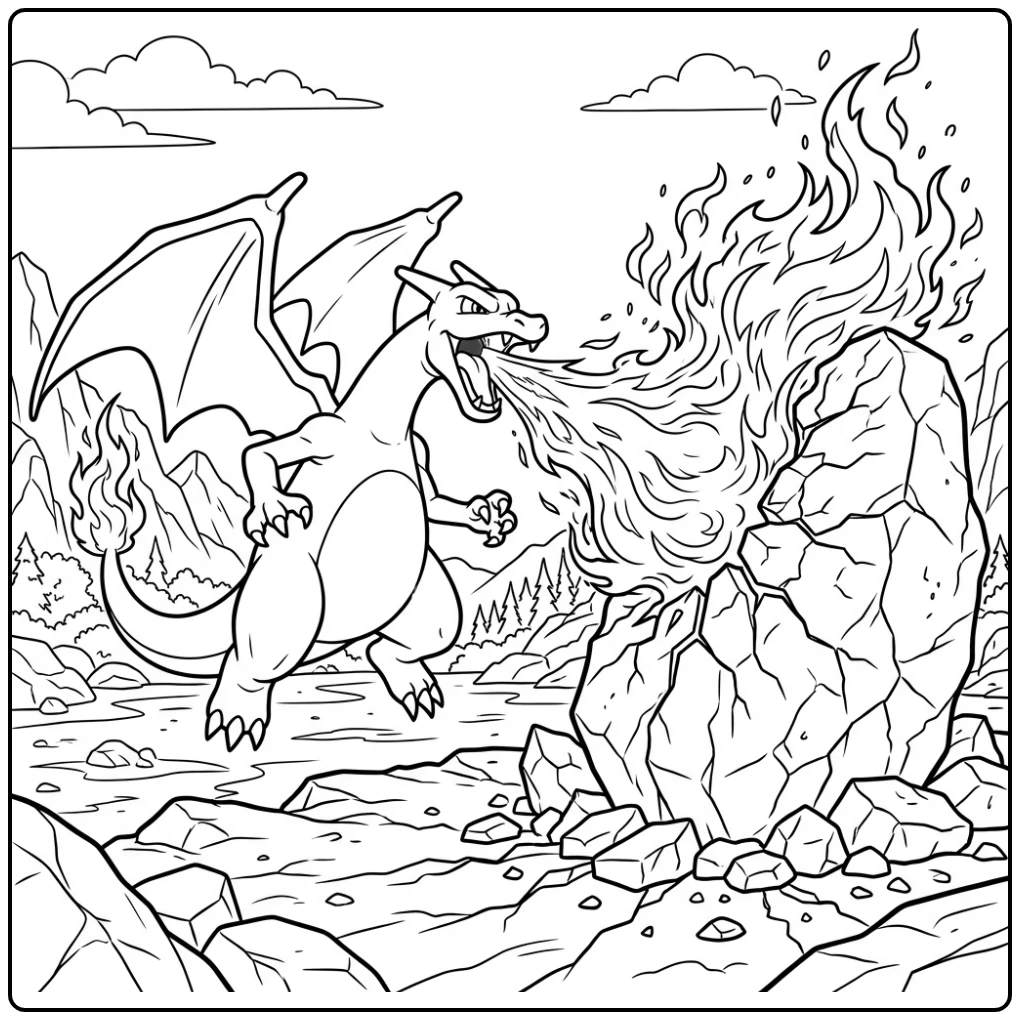 Powerful Charizard Fire Attack Training Against Rock coloring page