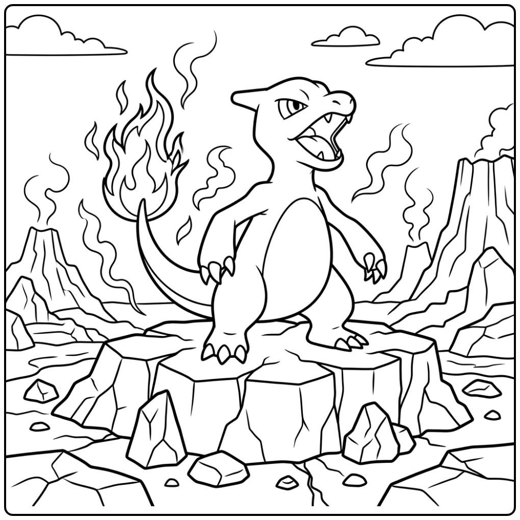 Powerful Charmeleon Pokemon on Lava Rock coloring page