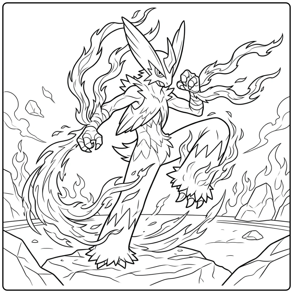Powerful Mega Blaziken Pokemon Kick in Action coloring page
