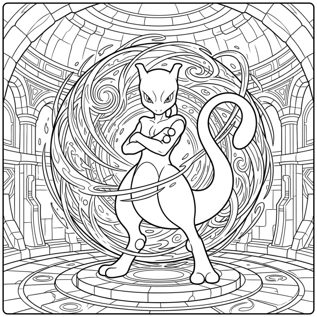 Powerful Mewtwo Swirling Energy coloring page