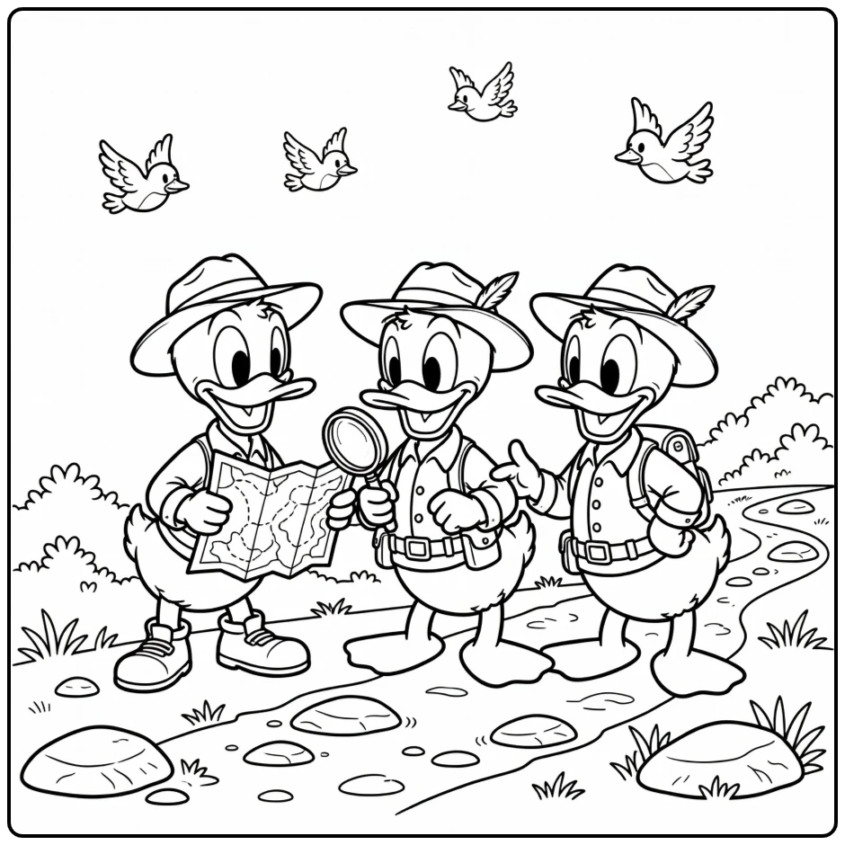 Huey, Dewey, and Louie on an Expedition coloring page