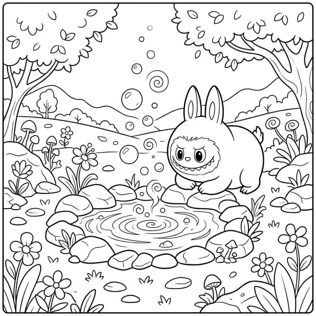 Labubu Big Into Energy in a Magical Valley coloring page