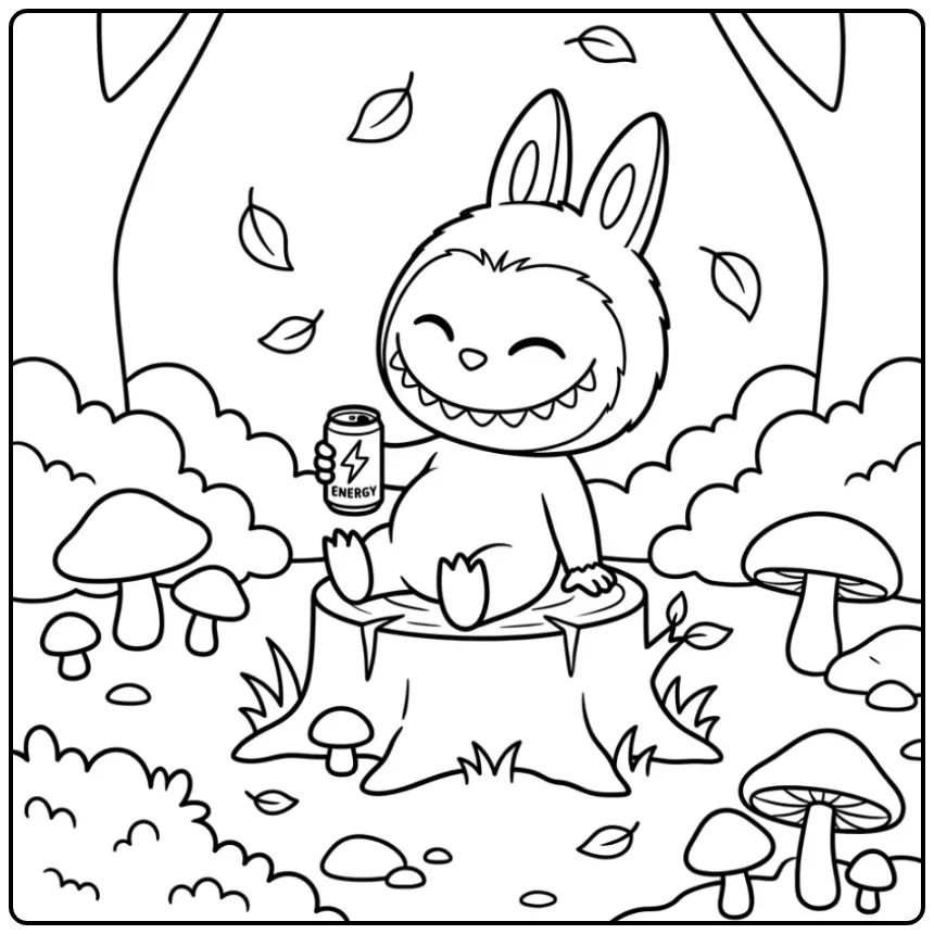 Labubu Big Into Energy on a Tree Stump coloring page