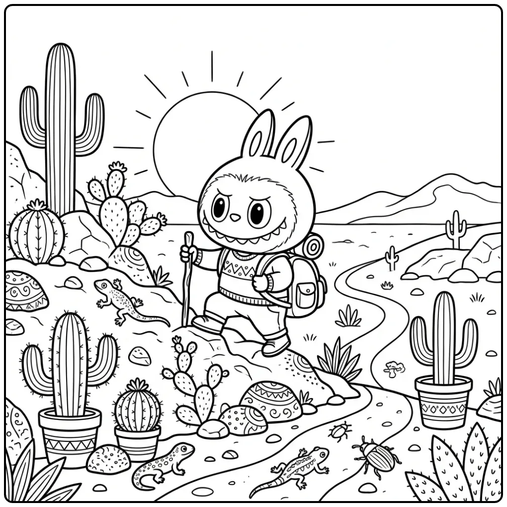 Labubu Adventure on a Rocky Hill coloring page