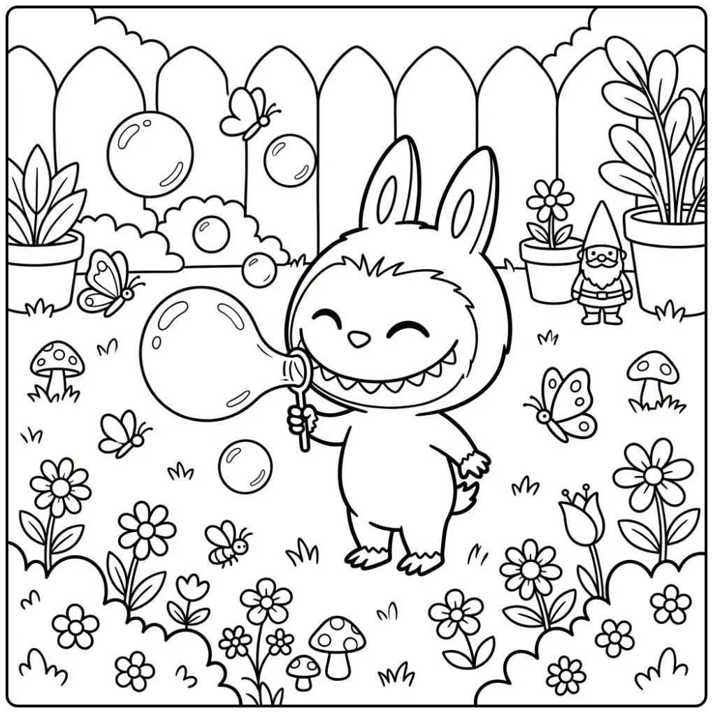 Labubu Blowing Bubbles with Flowers and Butterflies coloring page